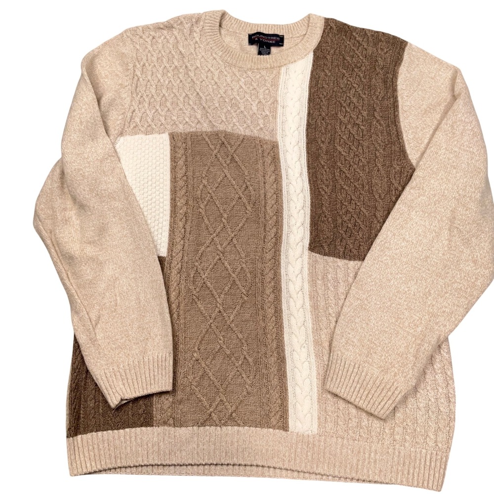 Roundtree & Yorke Patchwork Sweater Mens L Beige Brown Cable Knit Earthy Neutral